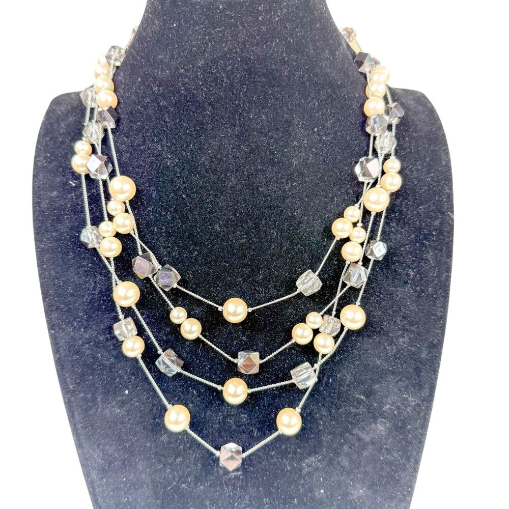 Coldwater Creek Multi-Strand Faux Pearl Smoky Beads Silver Tone Necklace